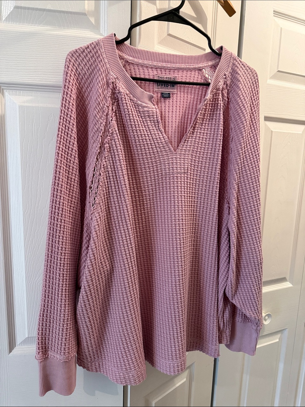 American Eagle Outfitters Pink Waffle Knit V-Notch Long Sleeve Top